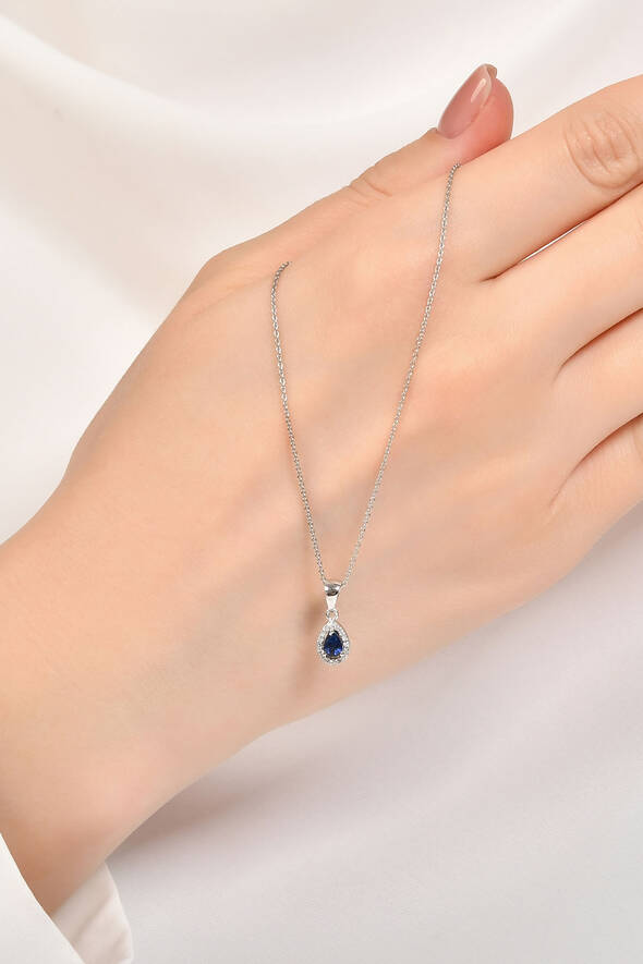0.07 Karat Pırlanta Damla Safir Kolye - 2