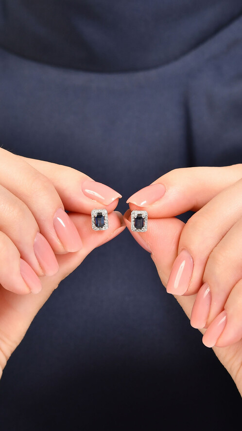 0.13 Karat Pırlanta Safir Küpe - (1)