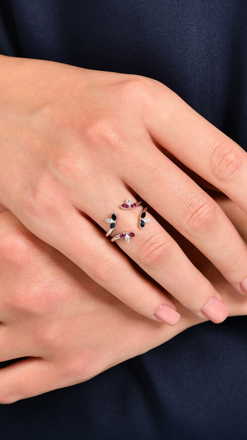 0.18 Karat Pırlanta Yakut Safir Yüzük - (1)