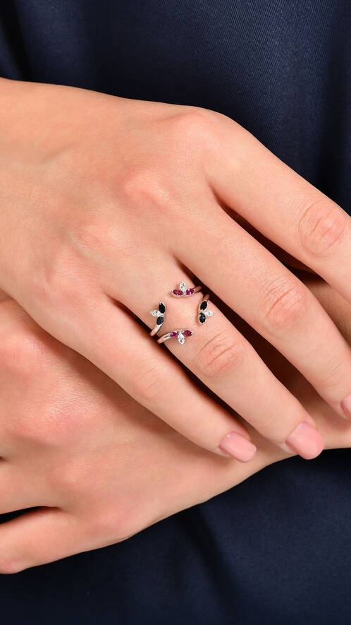 0.18 Karat Pırlanta Yakut Safir Yüzük - 2