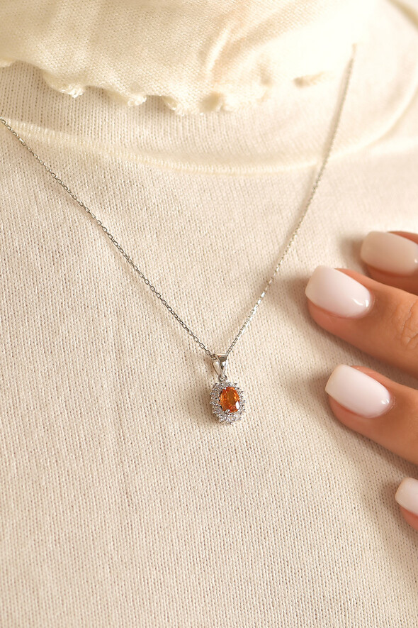 0.24 Karat Pırlanta Oranj Safir Kolye - (1)