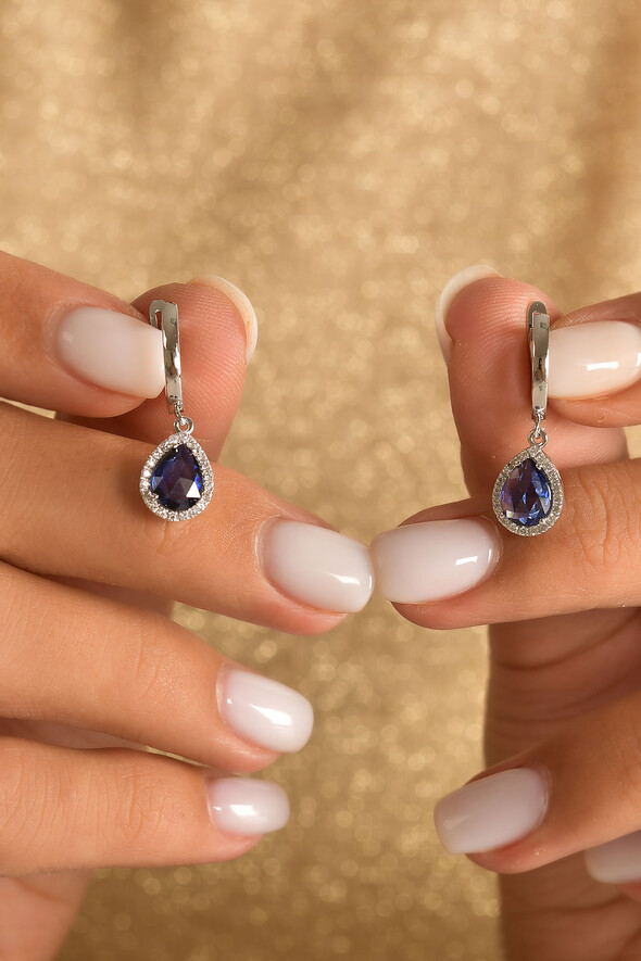 0.24 Karat Pırlanta Safir Küpe - (1)