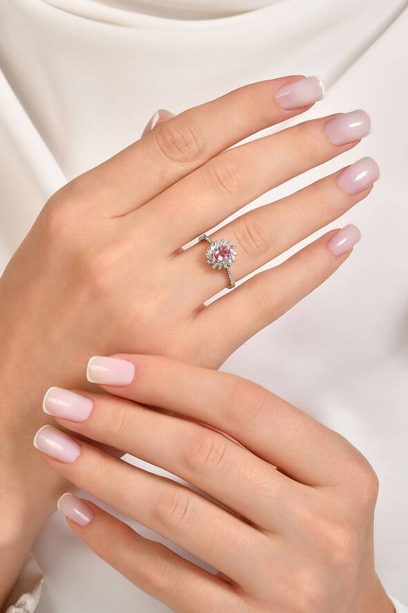 0.27 Karat Pırlanta Pembe Topaz Yüzük - 2