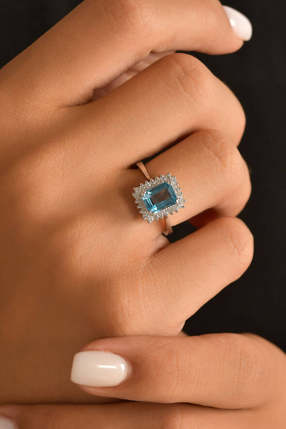 0.32 Karat Pırlanta Mavi Topaz Yüzük - 2