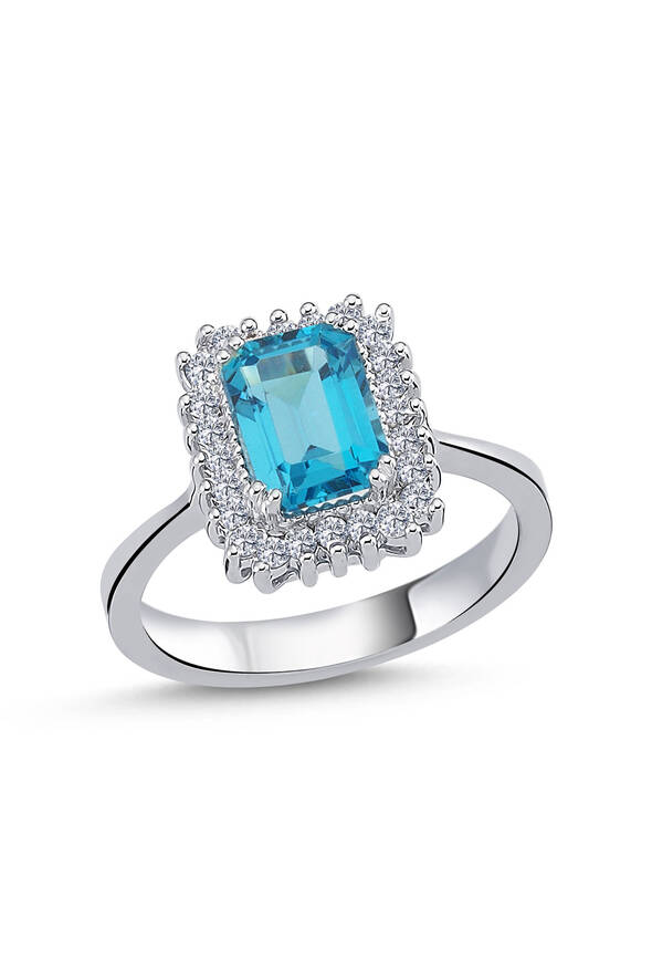 0.32 Karat Pırlanta Mavi Topaz Yüzük - 1