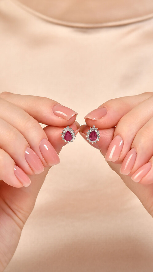 0.32 Karat Pırlanta Yakut Küpe - (1)