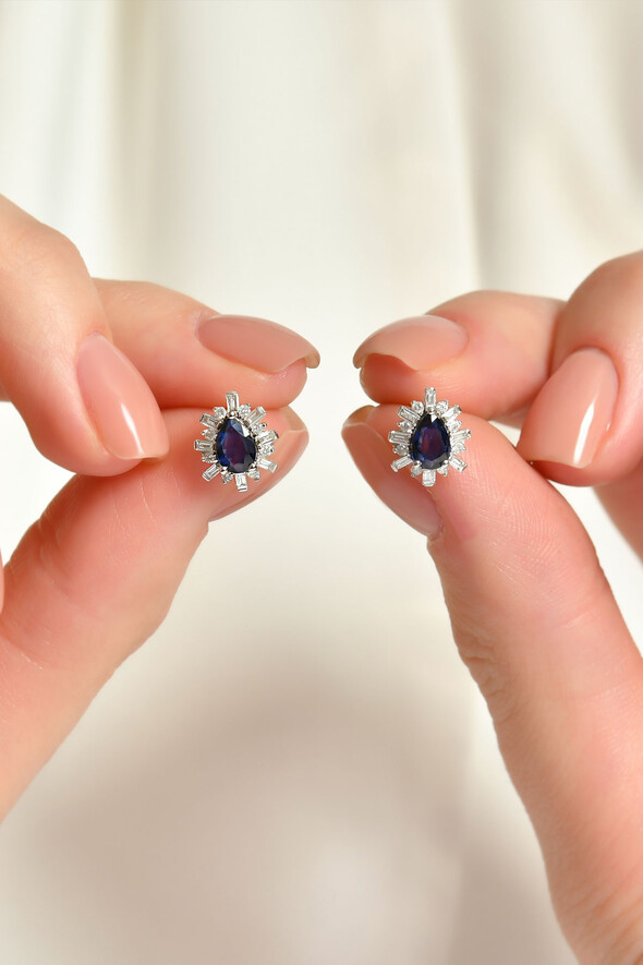 0.36 Karat Pırlanta Safir Küpe - (1)