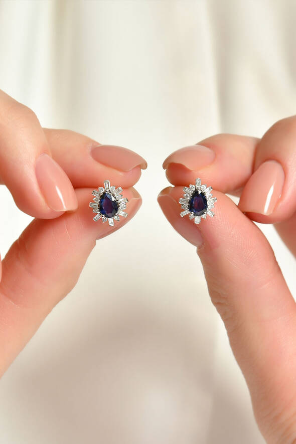 0.36 Karat Pırlanta Safir Küpe - 2