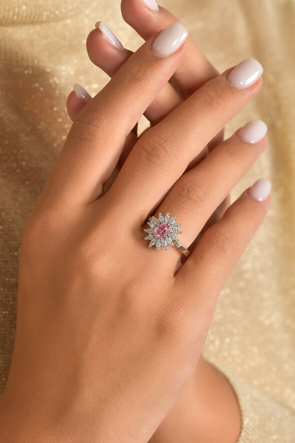 0.53 Karat Pırlanta Pembe Topaz Yüzük - (1)