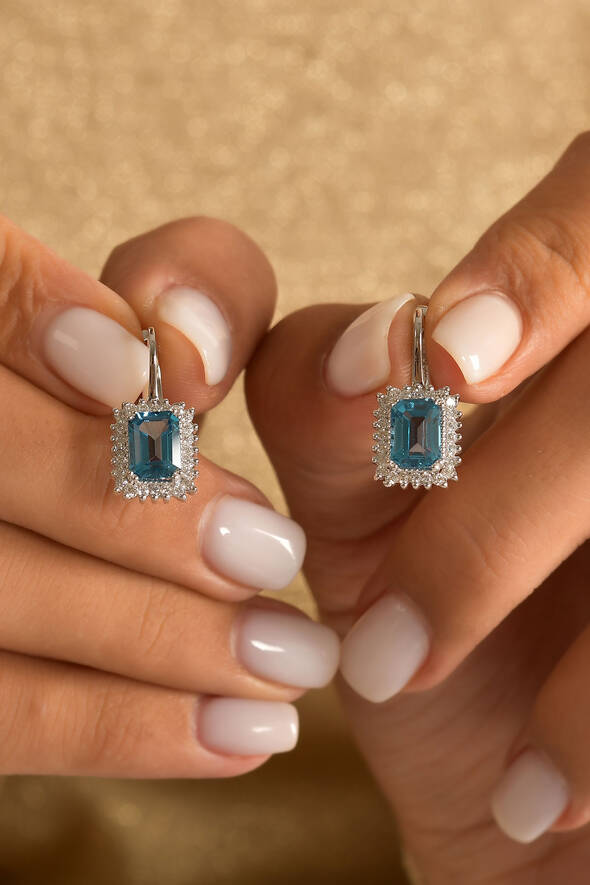 0.63 Karat Pırlanta Mavi Topaz Küpe - 2