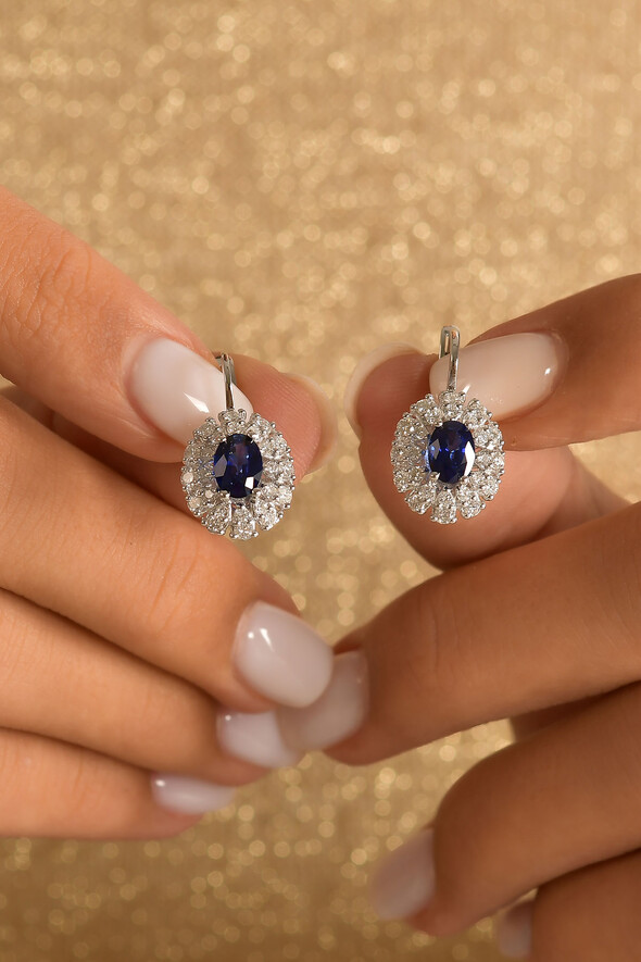 0.83 Karat Pırlanta Safir Küpe - 2