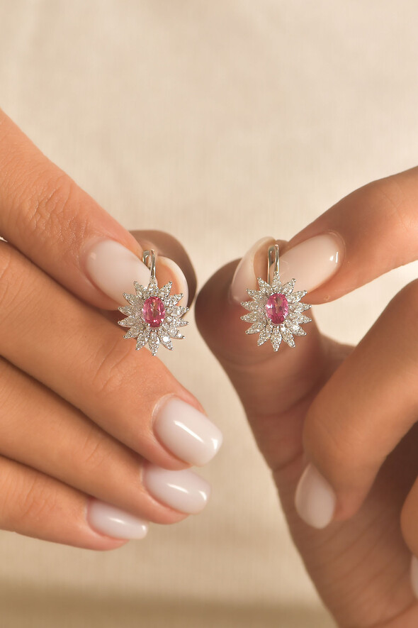 0.84 Karat Pırlanta Pembe Topaz Küpe - (1)