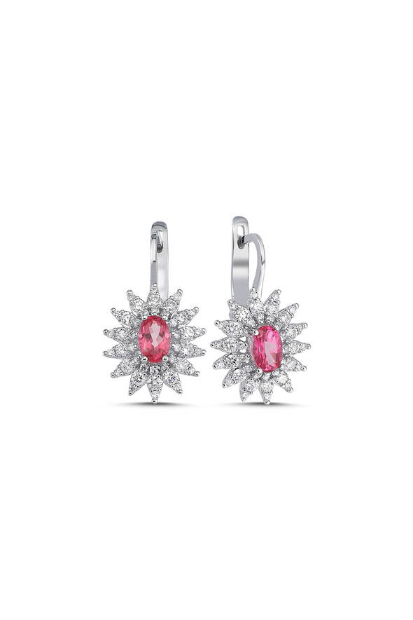 0.84 Karat Pırlanta Pembe Topaz Küpe - 1