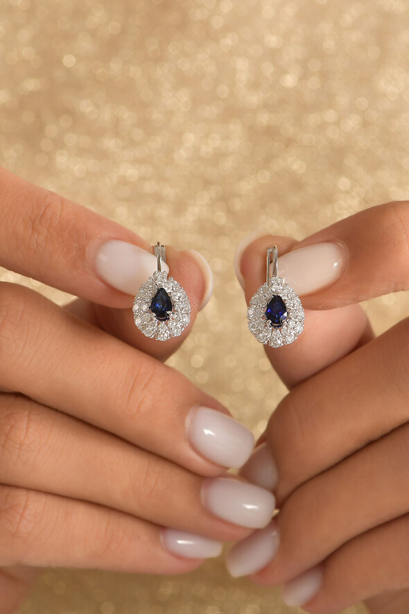 0.95 Karat Pırlanta Safir Küpe - (1)