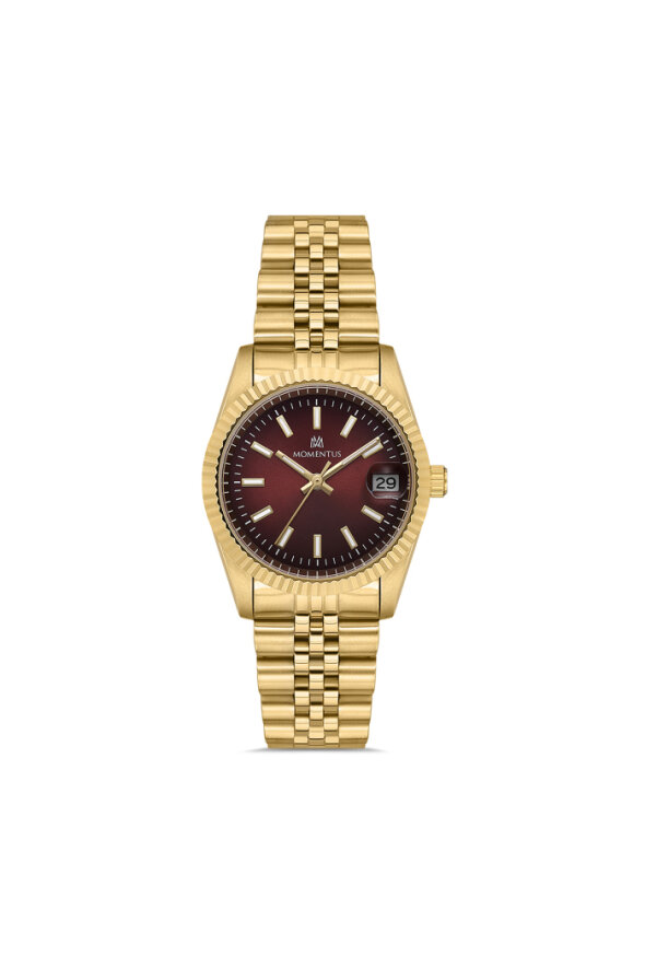 Gold Kasa & Kordonlu Kırmızı Kadranlı Kadın Kol Saati - 