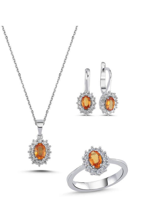 Oranj Safirli Üçlü Pırlanta Set - 1