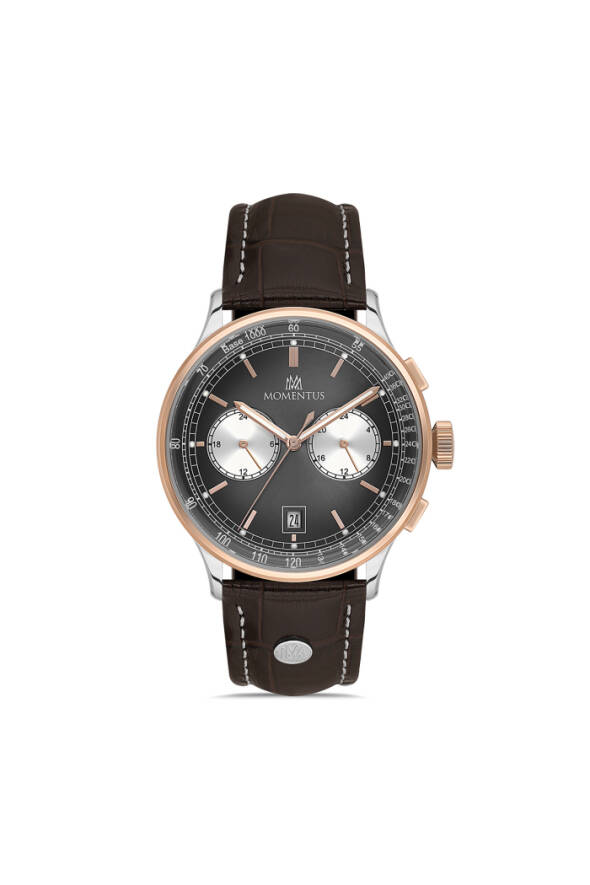 Rose Gold Çerçeveli Kahverengi Deri Kayışlı Erkek Kol Saati - 1