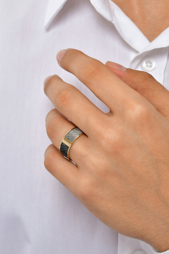 Siyah Örgü Detaylı Altın Alyans - 2